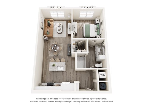A 3D floor plan of a small apartment with a kitchen, living room, and bathroom.